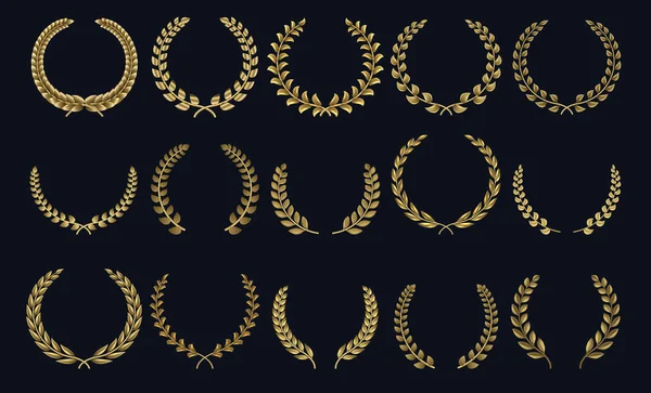 Golden laurel wreath. Realistic crown, leaf shapes winner prize, foliate crest 3D emblems. Vector laurel silhouettes and olive wreaths — Stock Vector