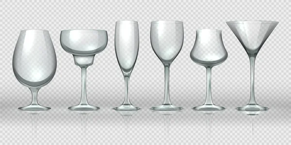현실적인 유리 컵. 빈 투명 샴페인 칵테일 와인 잔과 잔. 벡터 현실적인 3D 유리 제품 디자인 템플릿 — 스톡 벡터