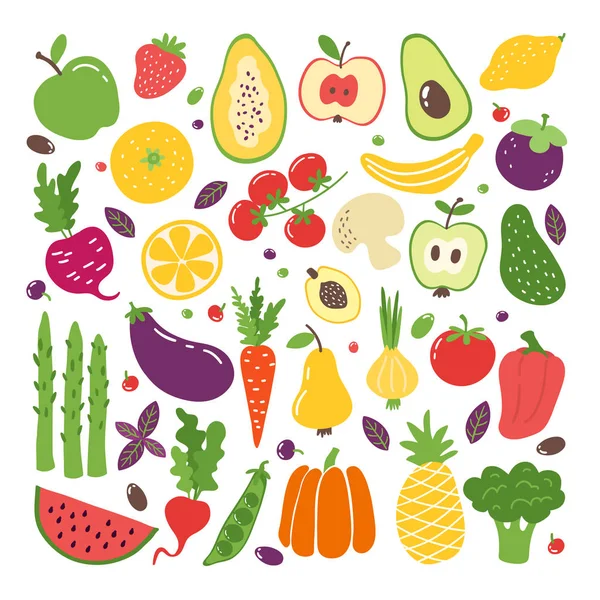 Τα φρούτα και τα λαχανικά. Χειροποίητα μούρα πατάτας με ντομάτα, χορτοφαγικό σετ. Διανυσματικά φρούτα σχέδιο σκίτσο — Διανυσματικό Αρχείο