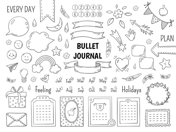 Notebook doodle bullet. Marco de diario dibujado a mano, bordes de la lista lineal de revistas y elementos. Vector bosquejo garabato planificador — Vector de stock