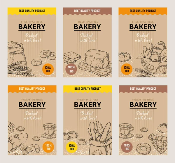 Panadería carteles dibujados a mano. Plantilla de diseño de menú de pan vintage, galletas dulces y pasteles bosquejo garabato. Panadería vectorial de harina de trigo — Vector de stock