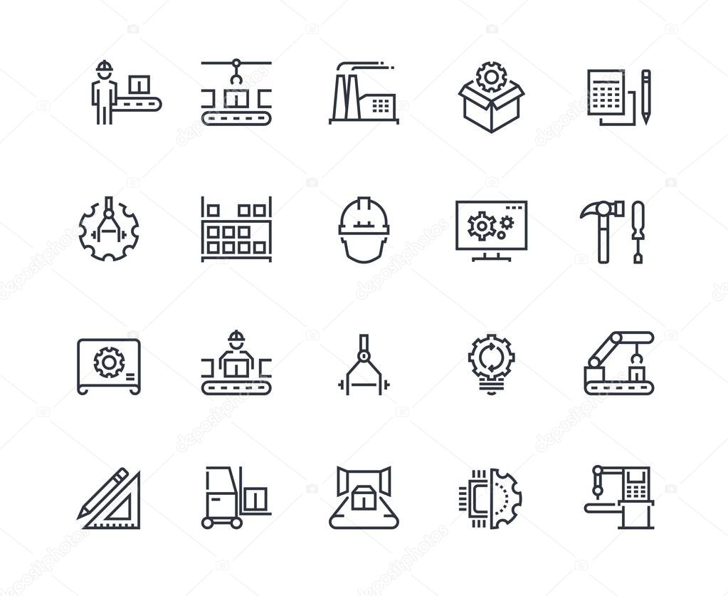 Production line icons. Industry machine production, factory conveyor line, automatic robot manipulator. Industrial vector pictograms