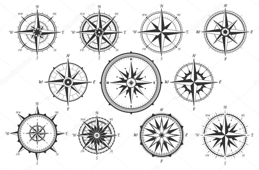 Wind rose. Map directions vintage compass. Ancient marine wind measure vector icons isolated