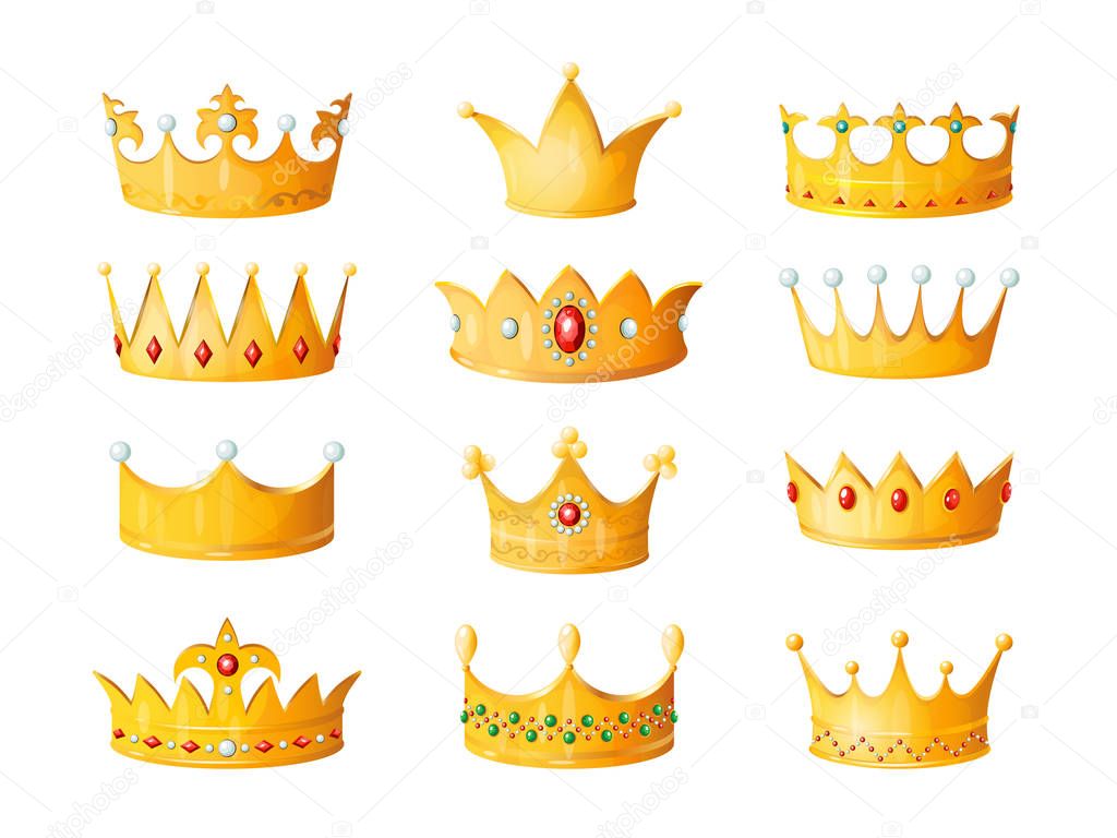 Cartoon crown. Golden emperor prince queen royal crowns diamond coronation gold antique tiara crowning imperial corona isolated vector