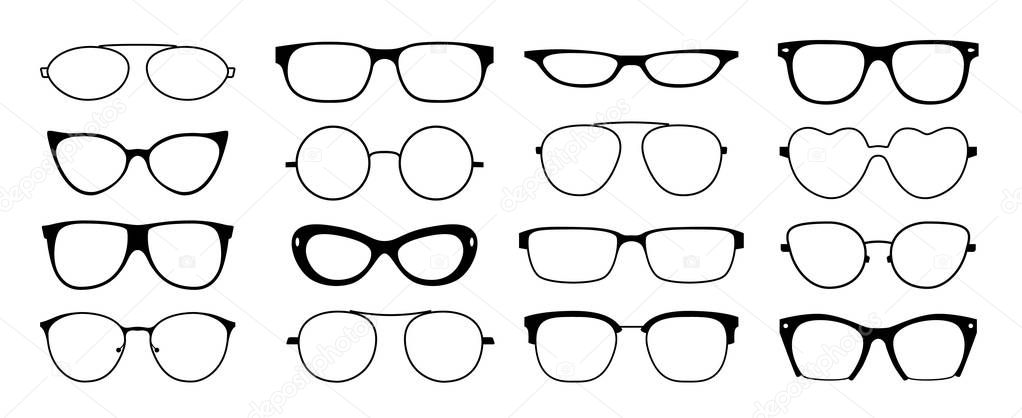 Glasses frames silhouette. Hipster geek sun glasses, optometrist black plastic rims, old fashion style. Vector isolated glasses frames