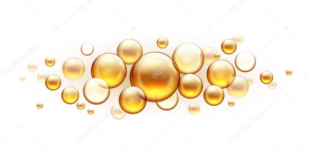 Golden oil bubbles. Cosmetic collagen serum, castor argan jojoba essence vector realistic template isolated on white background
