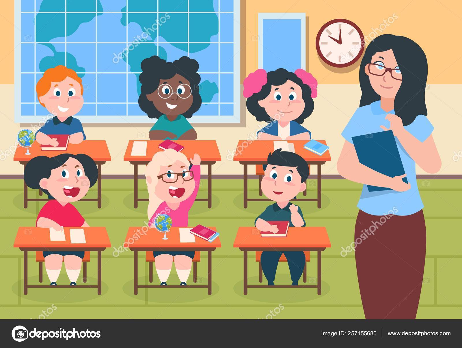 Kids in classroom. Teacher and pupils in elementary school, cute cartoon  boys and girls happy characters studying. Vector children Stock Vector  Image by ©SpicyTruffel #257155680