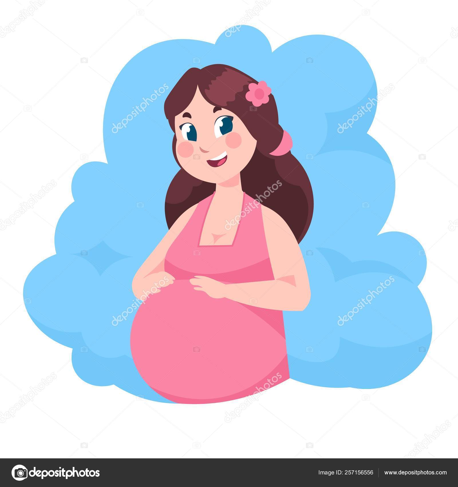 Dessin animé femme enceinte. Jeune maman avec bébé illustration plate,  maternité heureuse et accouchement. Vecteur fille avec bébé bosse Vecteur  par ©SpicyTruffel 257156556