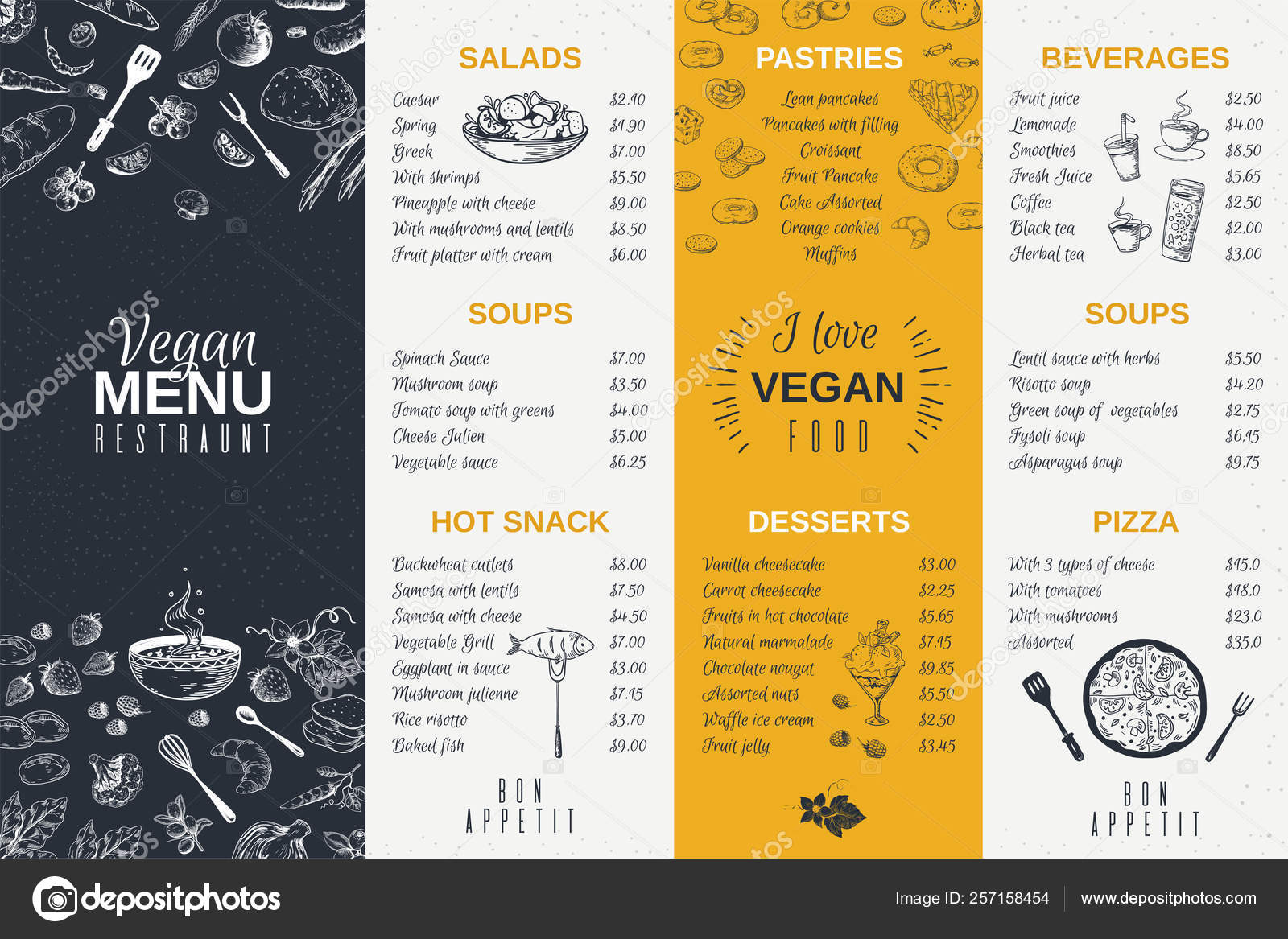 Håndtegnet restaurantmeny. Mal for matlaging, doodle breakfast og kafe  flyer. Konstruksjon av vektormenykort stockvektor © SpicyTruffel #257158454, image size:1600x1167