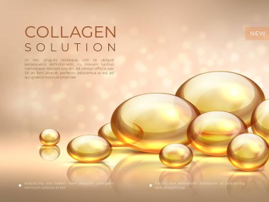 Kollajen arka plan. Altın yağ kabarcığı, kozmetik cilt bakım özü, güzellik serum yüz maskesi. Vektör altın kollajen inci ve kabarcıklar