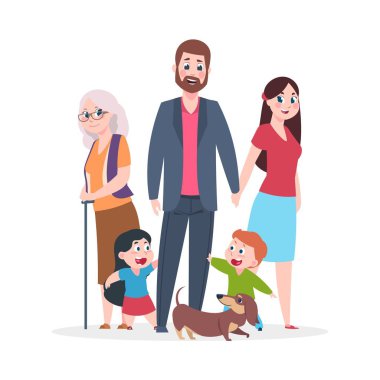 Yassı bir aile. Mutlu sarılma insanlar karakterleri birlikte ayakta, çocuk ve anne-babalar büyükanne ve büyükbaba grubu. Vektör karikatür gülümseyen insanlar