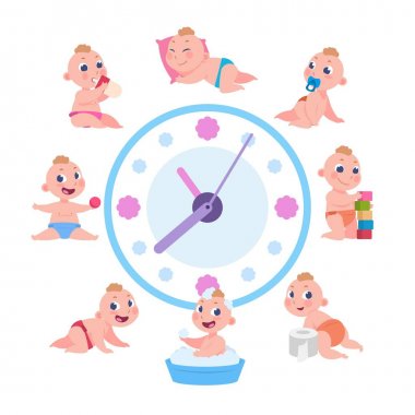 Karikatür bebek rutin. Çocuk günlük döngüsü, çocuk uyku yeme programı, bebek günlük rutin oynarken. Çocuk yaşam döngüsü ile vektör saat