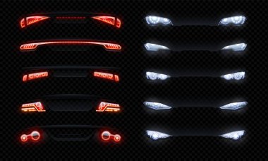 Realistic car headlights. Front and rare led automobile lights with different shapes, red tail glowing light effect. Vector 3D set clipart