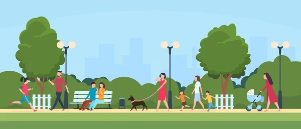 Gente en el parque. Personas de ocio y actividades deportivas al aire libre. Personajes de la familia de dibujos animados y niños en la ilustración vectorial del parque de verano — Vector de stock