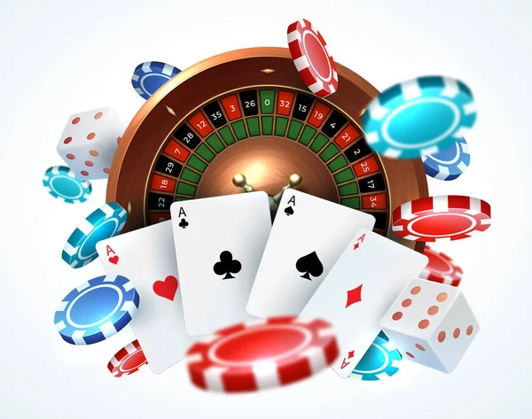 Jugar a las fichas de póquer. La caída de dados de casino en línea juego realista concepto de juego en 3D con el vector de la ruleta suerte — Archivo Imágenes Vectoriales