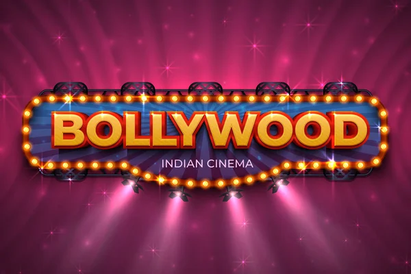Bollywood achtergrond. Indische Cinema poster met tekst en spot licht, Indiase cinematografie podium. Vector 3D Bollywood film poster — Stockvector