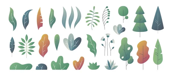 Hojas mínimas planas. Fantasía colores gradación, hojas arbustos y árboles plantillas de diseño, plantas gradiente naturaleza. Vector hojas lindas — Archivo Imágenes Vectoriales