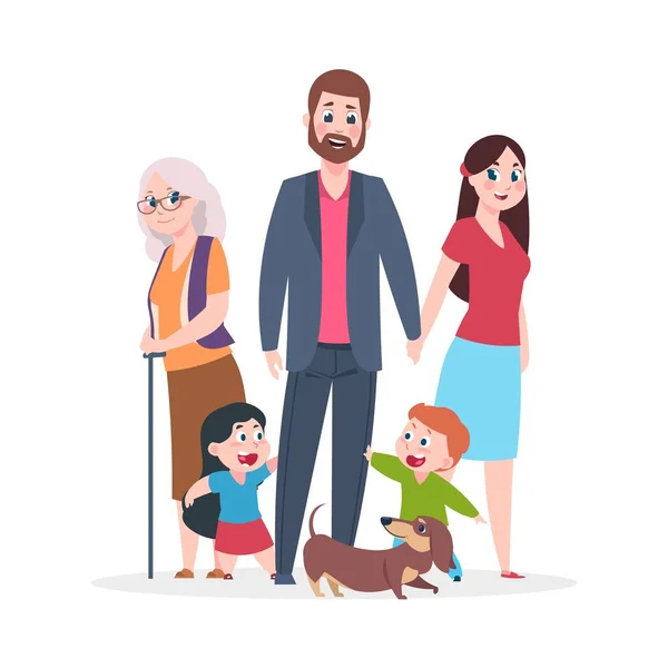 Flat family. Happy hugging people characters standing together, group of kids and parents grandparents. Vector cartoon smiling people — Stock Vector