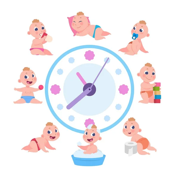 Cartoon baby routine. Kid daily cycle, child playing sleeping eating schedule, baby daily routine. Vector clock with child life cycle — Stock Vector