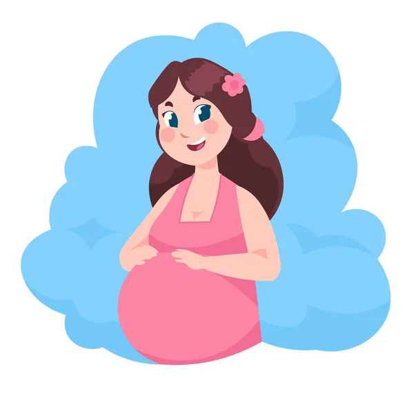 Cartoon Kobieta w ciąży. Młoda Mama z płaską ilustracją dziecka, szczęśliwą macierzyństwo i poród. Wektor dziewczyna z dziecko bump — Wektor stockowy