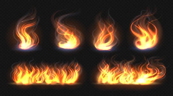 Effetto fuoco fiamma. Linea di masterizzazione realistica su sfondo nero, effetti di luce arancio caldo trasparente. Collezione fuoco vettoriale a lume di candela — Vettoriale Stock