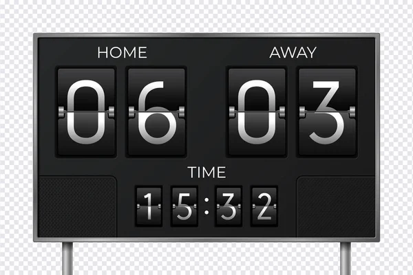 Zwarte retro scorebord. Stadion Soccer countdown klok, doel sport resultaat, elektronische tijd paneel. Vector Score en tijd paneel — Stockvector