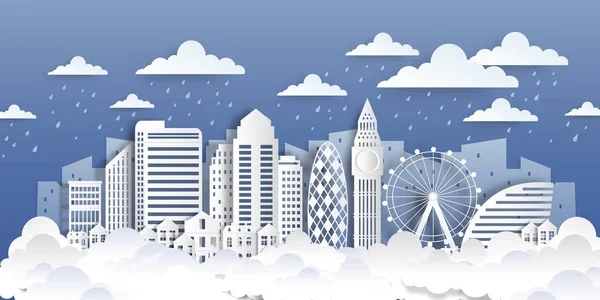 Визначні місця Лондона. Папір вирізав міський ландшафт з білими плоскими будівлями і хмарами. Векторний стиль орігамі міський пейзаж — стоковий вектор
