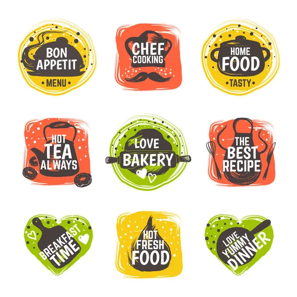 Voedsel doodle logo. Restaurant Keuken badge, café koken menu typografie, Bistro gastronomie recept. Vector hand getekende set — Stockvector