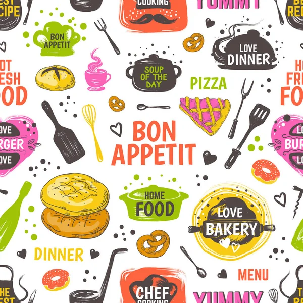 Vzorek jídla. Nabídka bezešvých pozadí, kreslené restaurace a plakát s kavárnou s kuchyňskými prvky — Stockový vektor