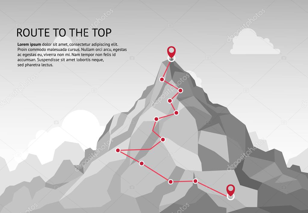 Mountain route infographic. Journey challenge path business goal career growth success climbing mission. Mountains path vector concept