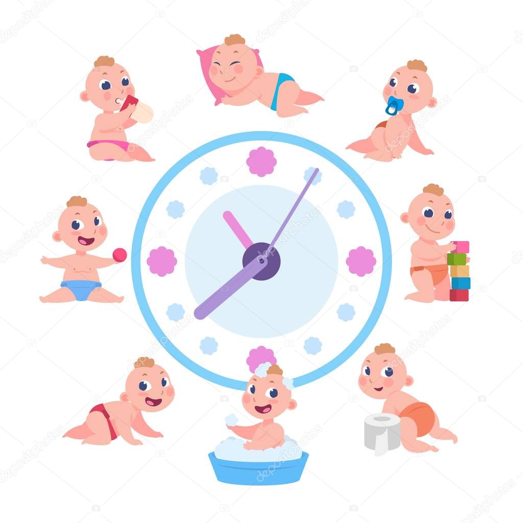 Cartoon baby routine. Kid daily cycle, child playing sleeping eating schedule, baby daily routine. Vector clock with child life cycle
