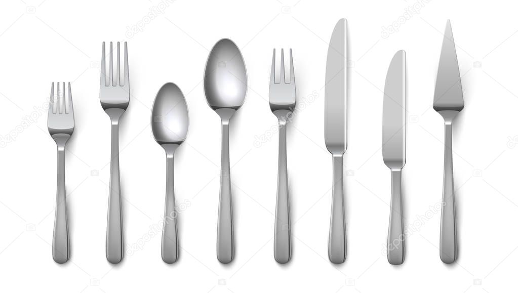 Realistic cutlery. Silverware fork knife spoon isolated on white background, stainless steel tableware. Vector metal top view cutlery