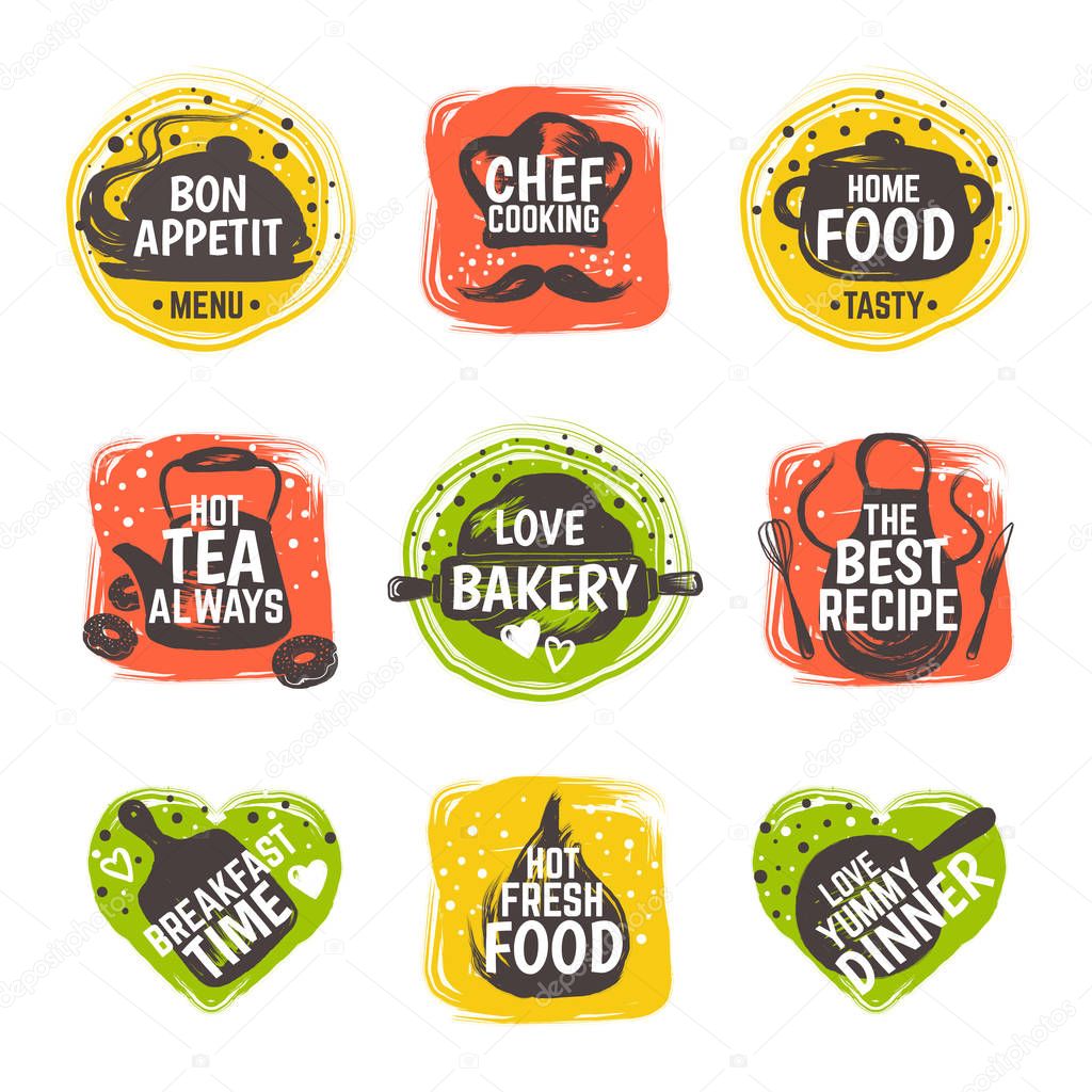 Food doodle logo. Restaurant kitchen badge, cafe cooking menu typography, bistro gastronomy recipe. Vector hand drawn bar set