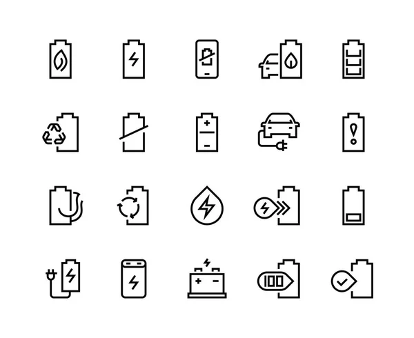 Icônes de ligne de batterie. Chargeur d'énergie électrique voiture charge faible niveau d'électricité signe téléphone charge lithium recyclage. Batteries ensemble vectoriel — Image vectorielle