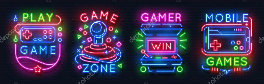 Neon game signs. Retro video games night light icons, virtual gaming club emblems, arcade glowing posters. Vector game controller sign banner