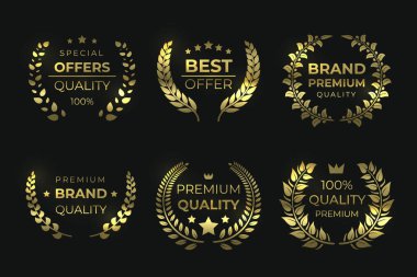 Laurel kaliteli etiketler. Altın lüks rozet, yazılı yeşil çelenk, yüksek kalite garantili elementler. Vektör satışı şöhretleri