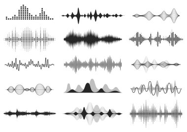 Siyah ses dalgaları. Müzik ses frekansı, ses hattı dalga formu, elektronik radyo sinyali, ses seviyesi sembolü. Vektör radyo dalgaları seti