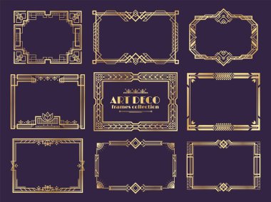 Art deco sınırları. 1920'lerde altın çerçeveler, vintage posterler için nouveau fantezi dekoratif unsurlar. Vektör art deco süs tasarım seti