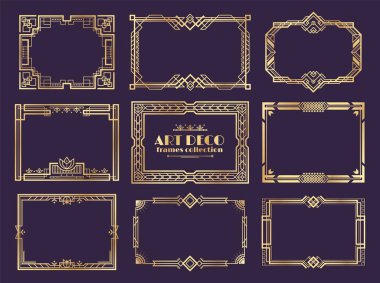 Art deco borders. 1920s golden frames, nouveau fancy decorative elements for vintage posters. Vector art deco ornament design set clipart
