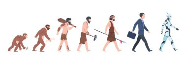 İnsan evrimi. Maymunişadamı ve cyborg karikatür kavramı, antik maymun insan büyüme. Vektör insanlık evrimi