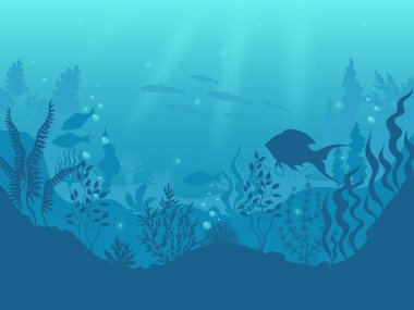 Sualtı siluet arka planı. Denizaltı mercan resifi, okyanus balık ve deniz yosun karikatür sahne. Vektör aqua yaşam ve deniz alt