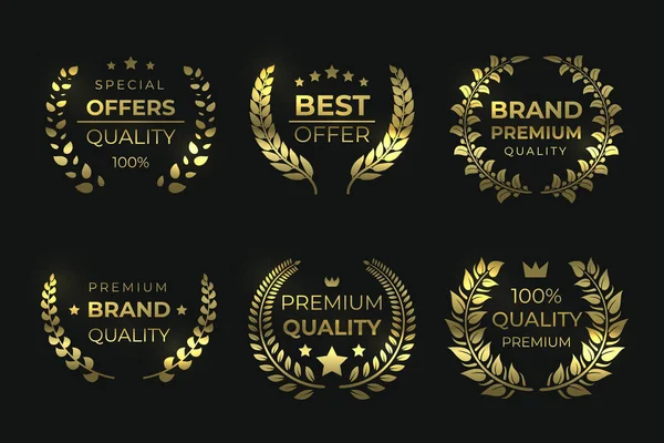 Laurel kaliteli etiketler. Altın lüks rozet, yazılı yeşil çelenk, yüksek kalite garantili elementler. Vektör satışı şöhretleri