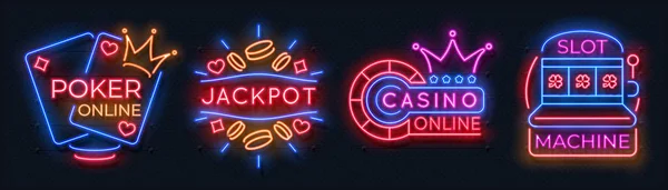 Neonové kasinové prapory. Automat na slot hraje karty se šťastnou hrou rulette, hra online poker. Vektor neonové kasino — Stockový vektor