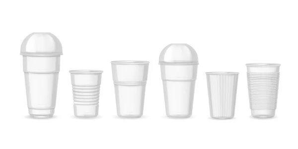 Πλαστικά ποτήρια. Ρεαλιστικός διαφανής χυμός καφέ και δοχεία ποτών. Υποδείγματα διανυσματικών σχεδίων που απομονώνονται σε λευκό — Διανυσματικό Αρχείο