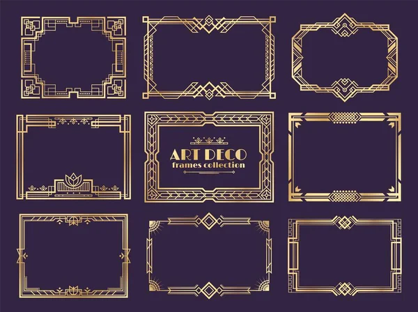 Art deco borders. 1920s golden frames, nouveau fancy decorative elements for vintage posters. Vector art deco ornament design set — Stock Vector