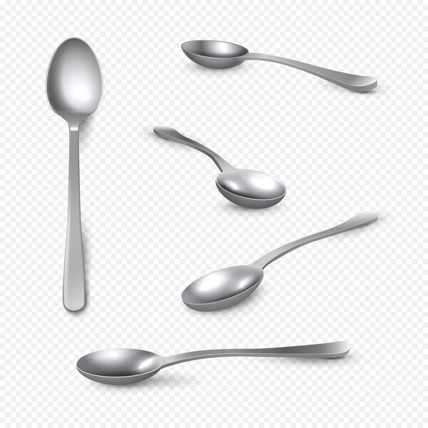 Realistic metal spoon. 3D silver teaspoon isolated on white, stainless steel shiny tablespoon. Vector isometric set of realistic spoon