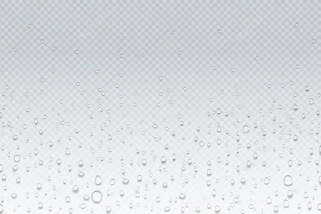 Water drops on glass. Rain droplets on transparent window, steam condensation pattern, shower glass. Vector water drops background