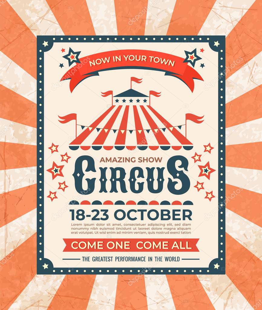 Circus poster. Carnival vintage old banner frame, magic show greetings card, retro invitation card. Vector marquee tent elements