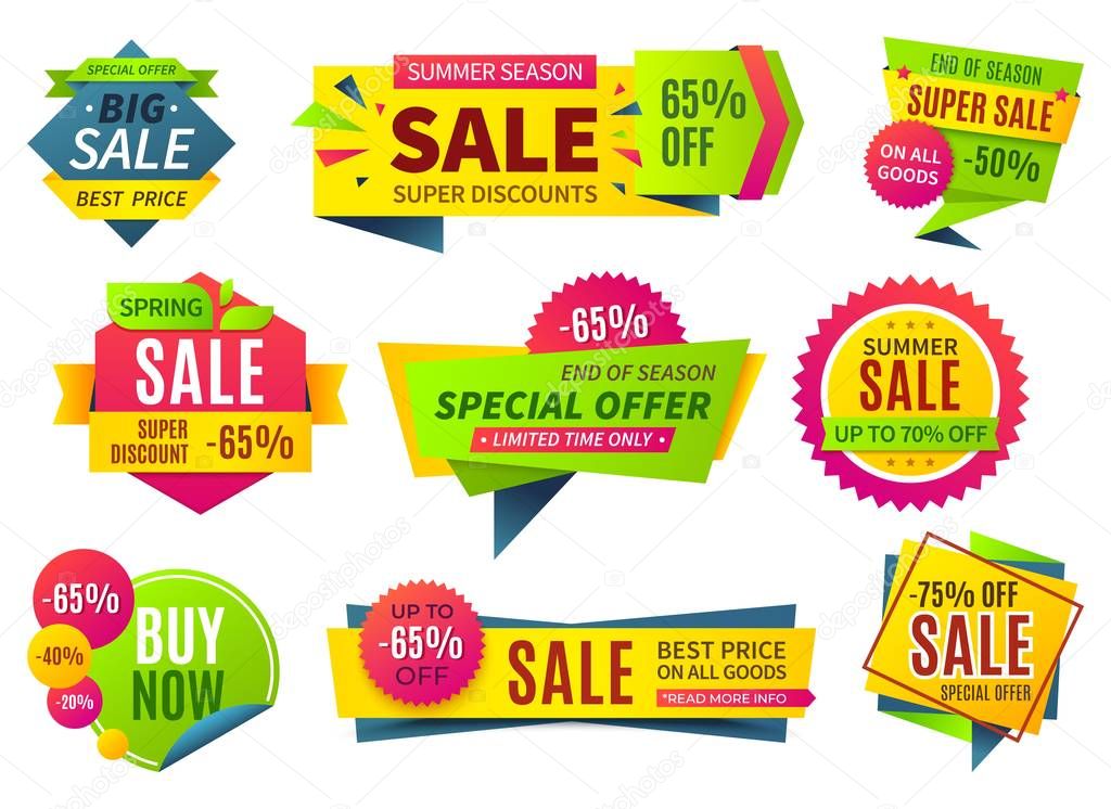 Sale banners. Price stickers collection, ribbons square and round shape badges and labels, discount coupons. Vector special offer set