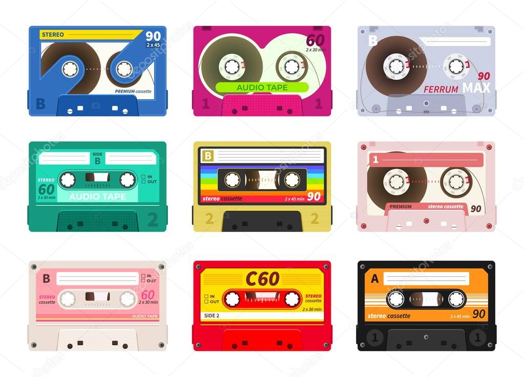 Vintage music cassettes. Retro dj sound tape, 1980s rave party stereo mix, old school record technology. Vector old 90s cassettes set